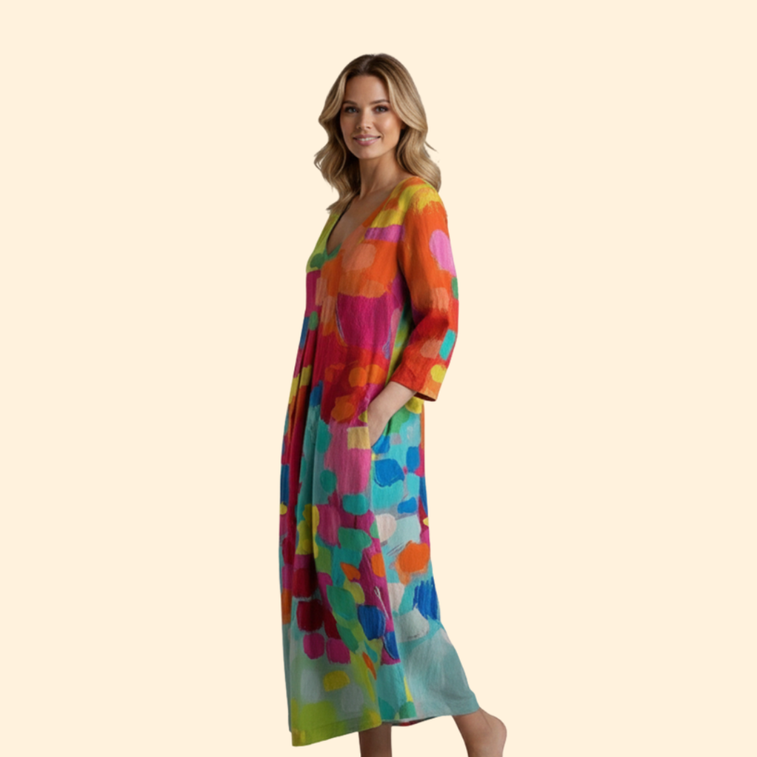 Women’s V-Neck Summer Dress with Colorful Print