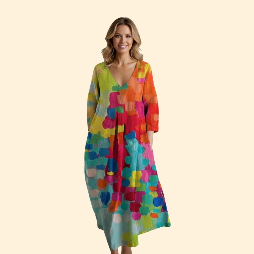 Women’s V-Neck Summer Dress with Colorful Print