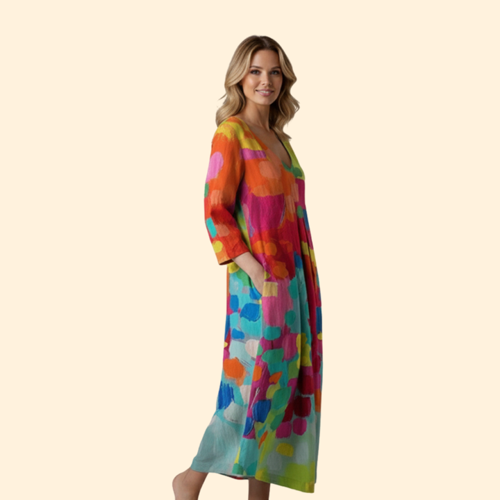 Women’s V-Neck Summer Dress with Colorful Print