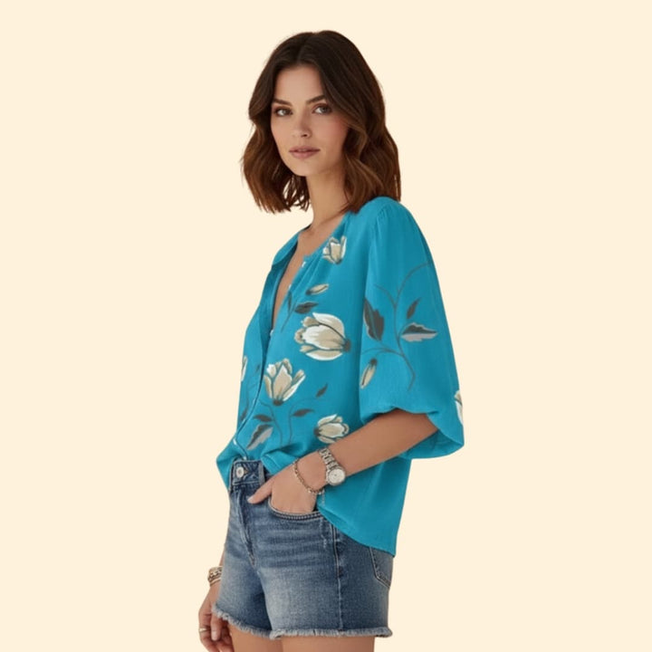 Women’s V-neck Floral Blouse with Button Front