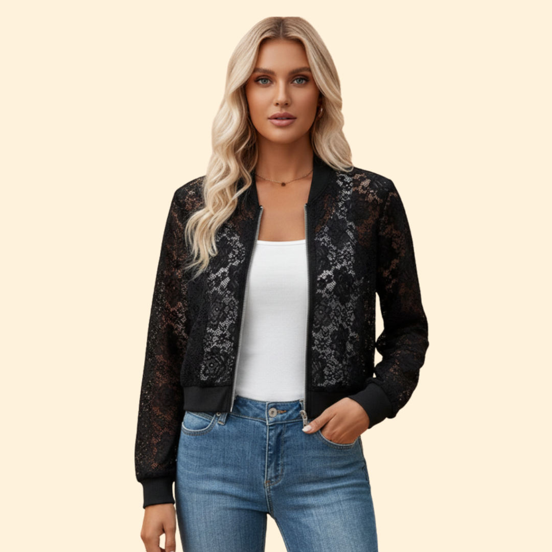 Women’s Bomber Jacket with Sheer Lace Design