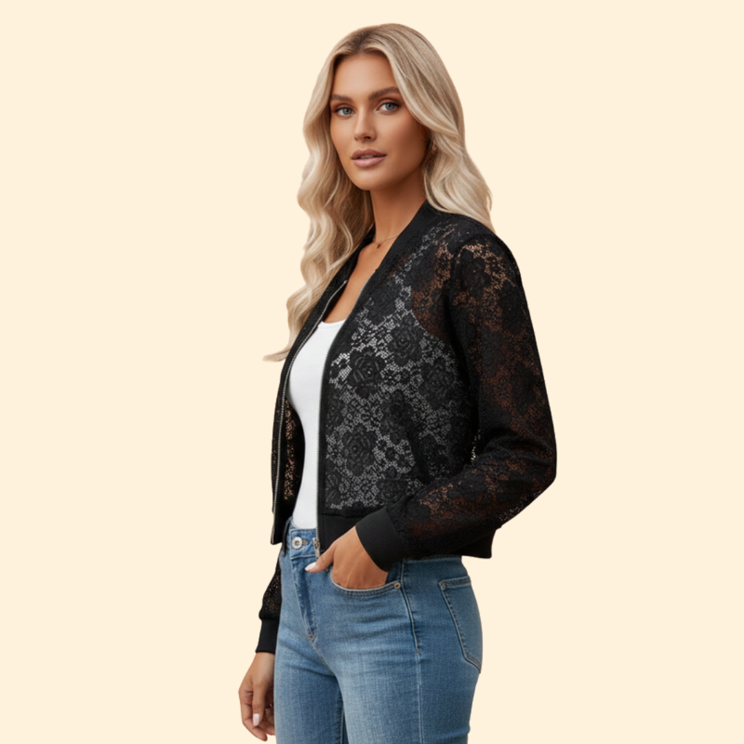 Women’s Bomber Jacket with Sheer Lace Design