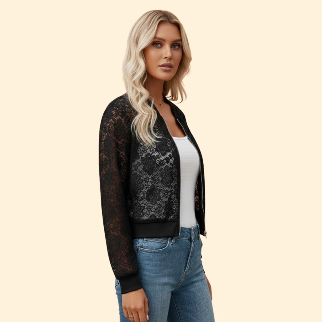 Women’s Bomber Jacket with Sheer Lace Design