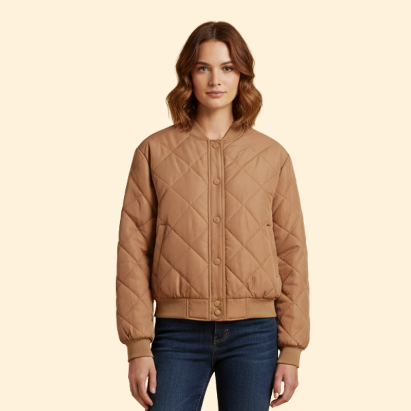 Women's Quilted Bomber Jacket with Snap Buttons