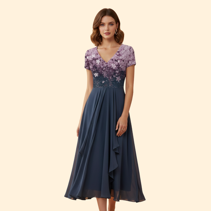 Women's Floral Evening Dress with V-Neckline