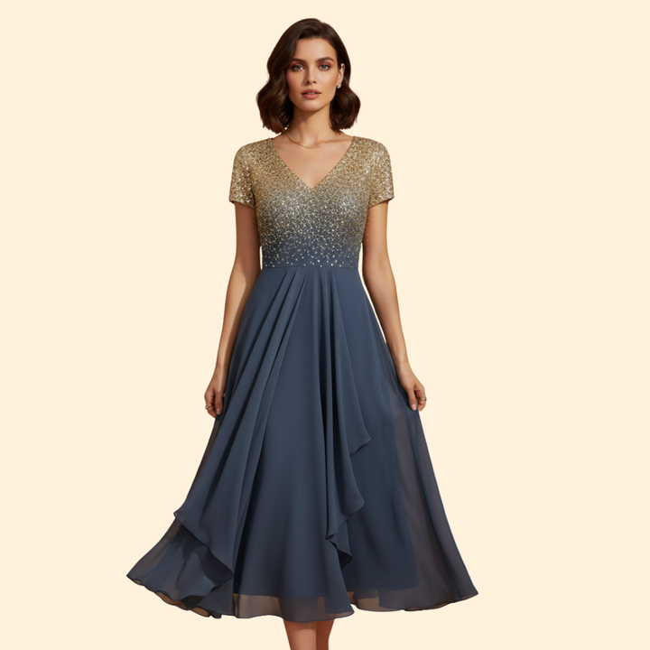 Women's Floral Evening Dress with V-Neckline