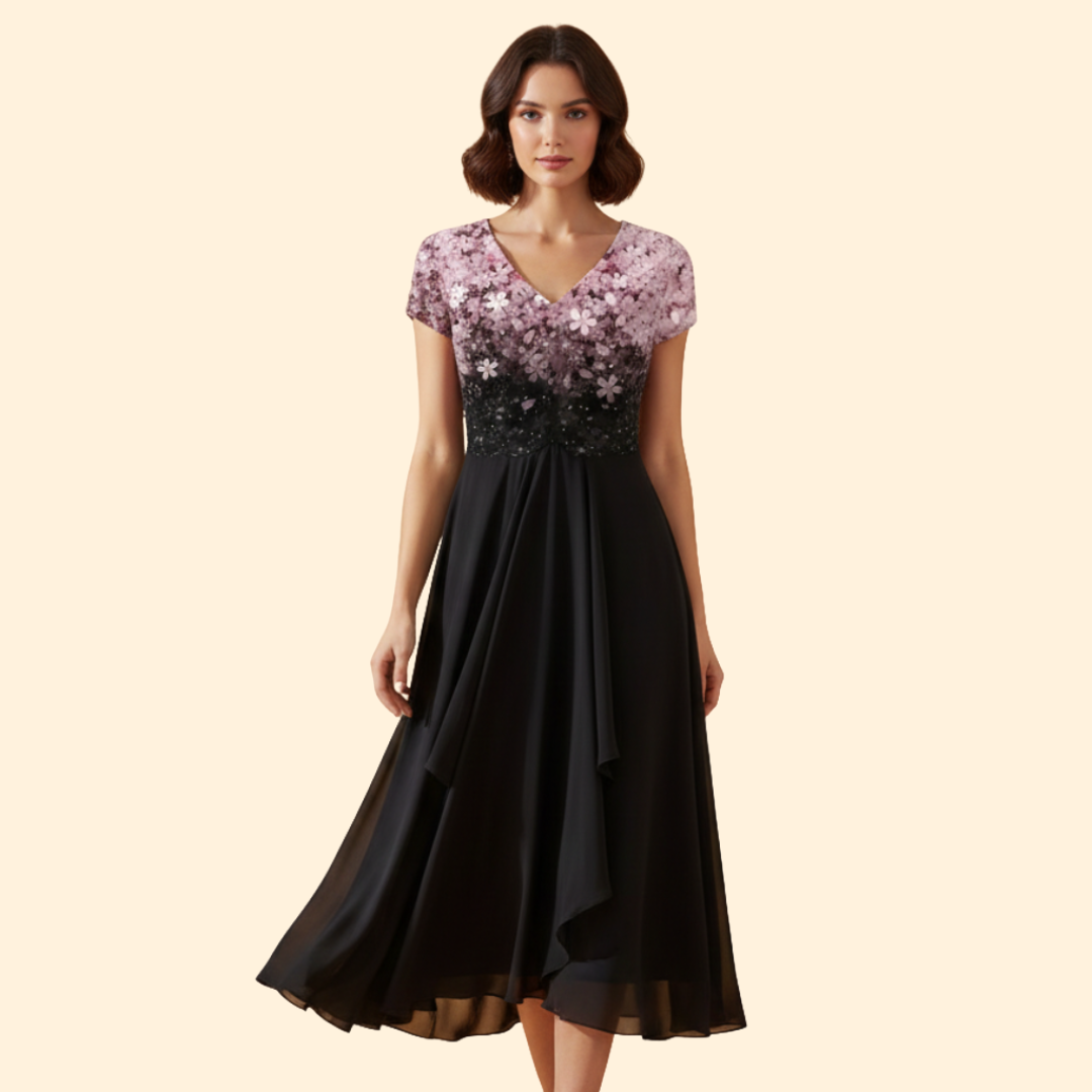 Women's Floral Evening Dress with V-Neckline