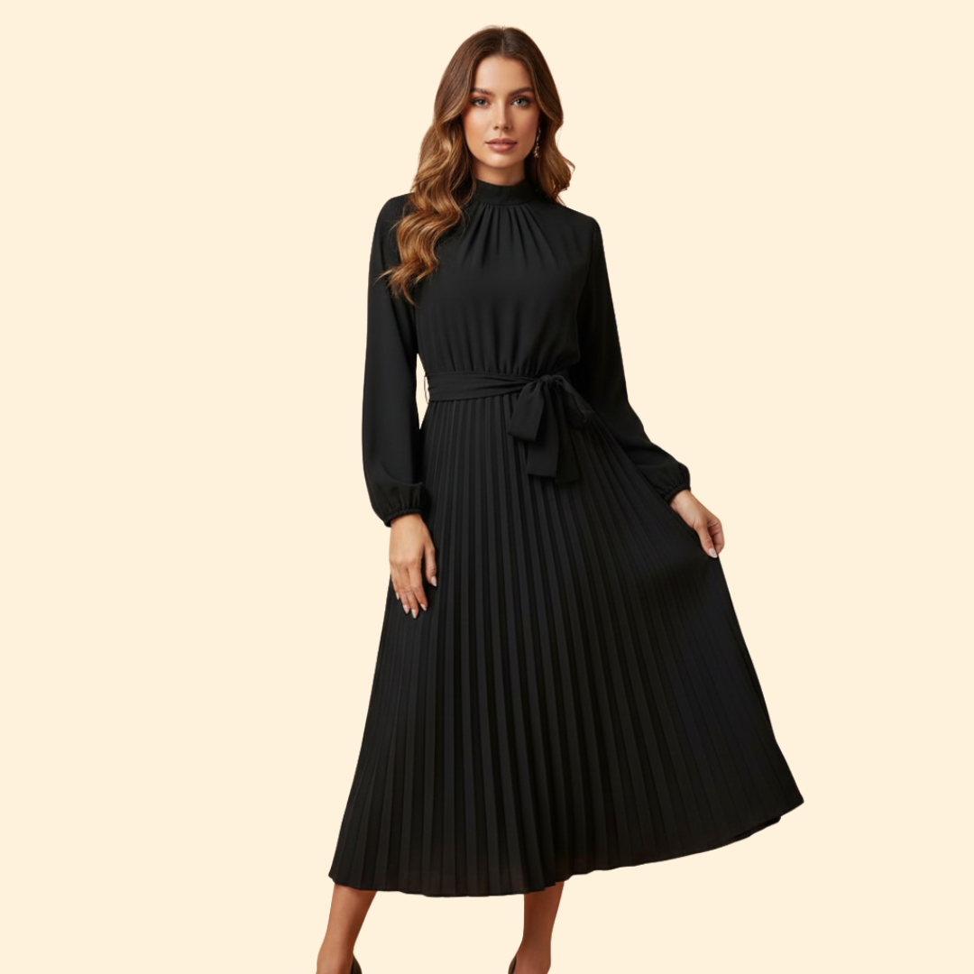Women's Pleated Dress with Tie Belt