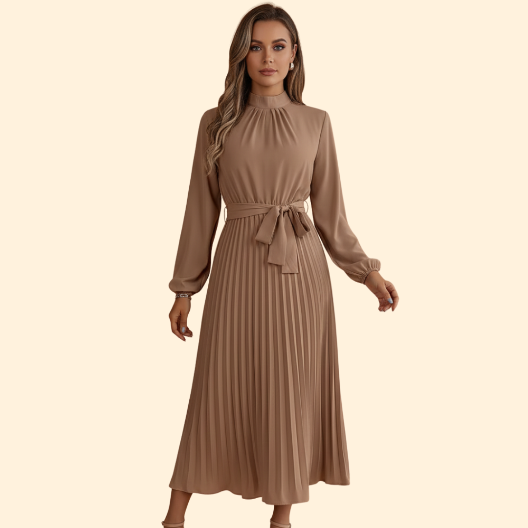Women's Pleated Dress with Tie Belt