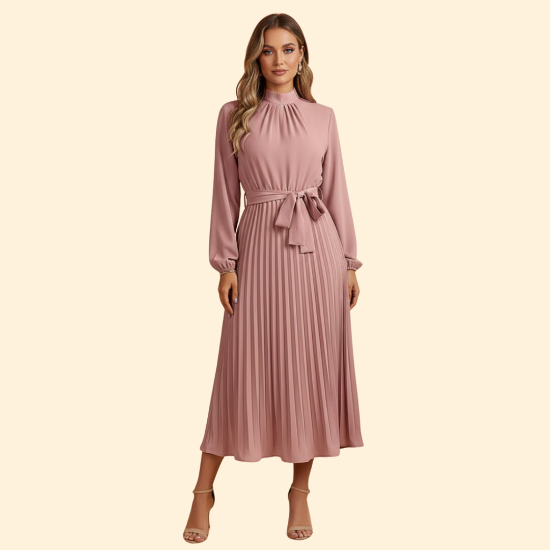 Women's Pleated Dress with Tie Belt
