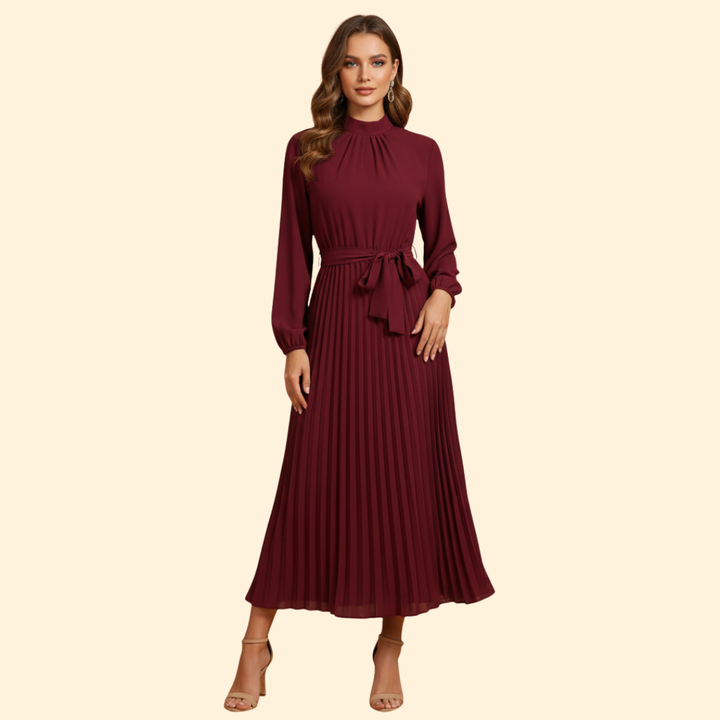 Women's Pleated Dress with Tie Belt
