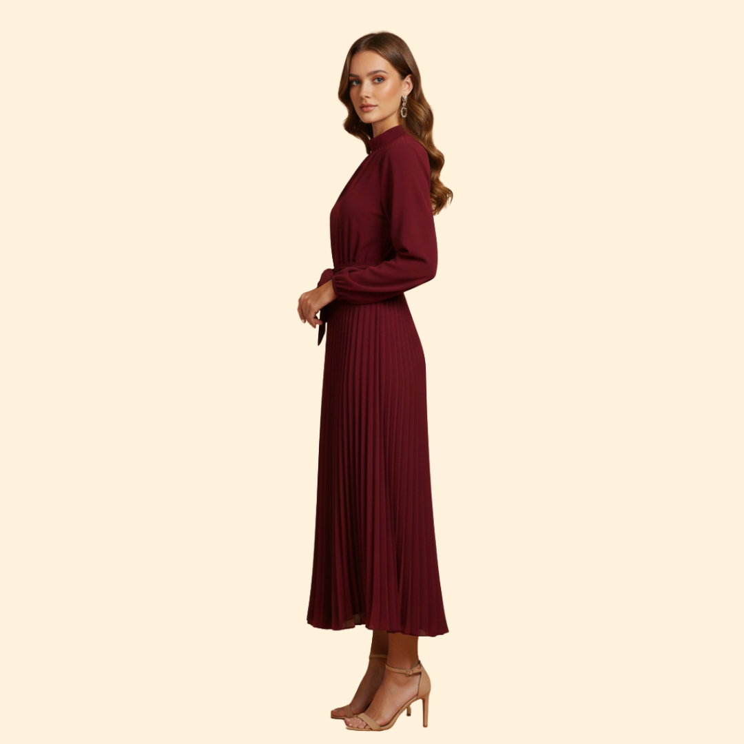 Women's Pleated Dress with Tie Belt
