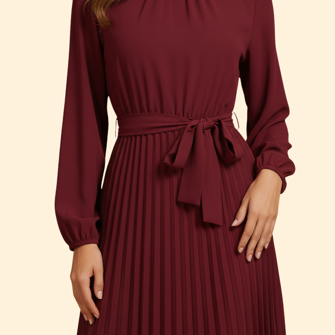 Women's Pleated Dress with Tie Belt