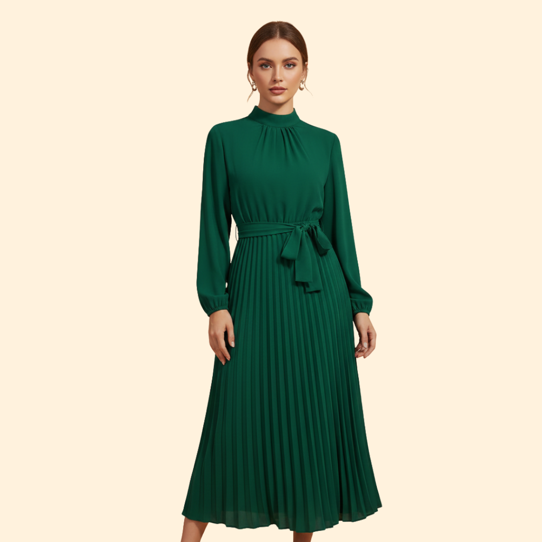 Women's Pleated Dress with Tie Belt