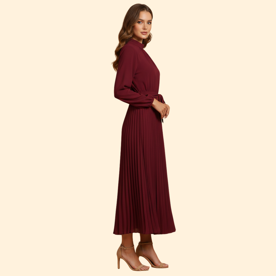 Women's Pleated Dress with Tie Belt